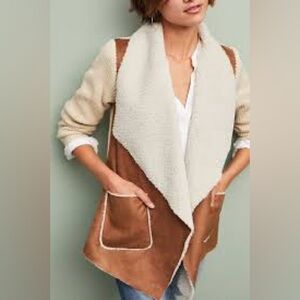 Anthropologie Cream and Brown Faux-Shearling Draped Vest